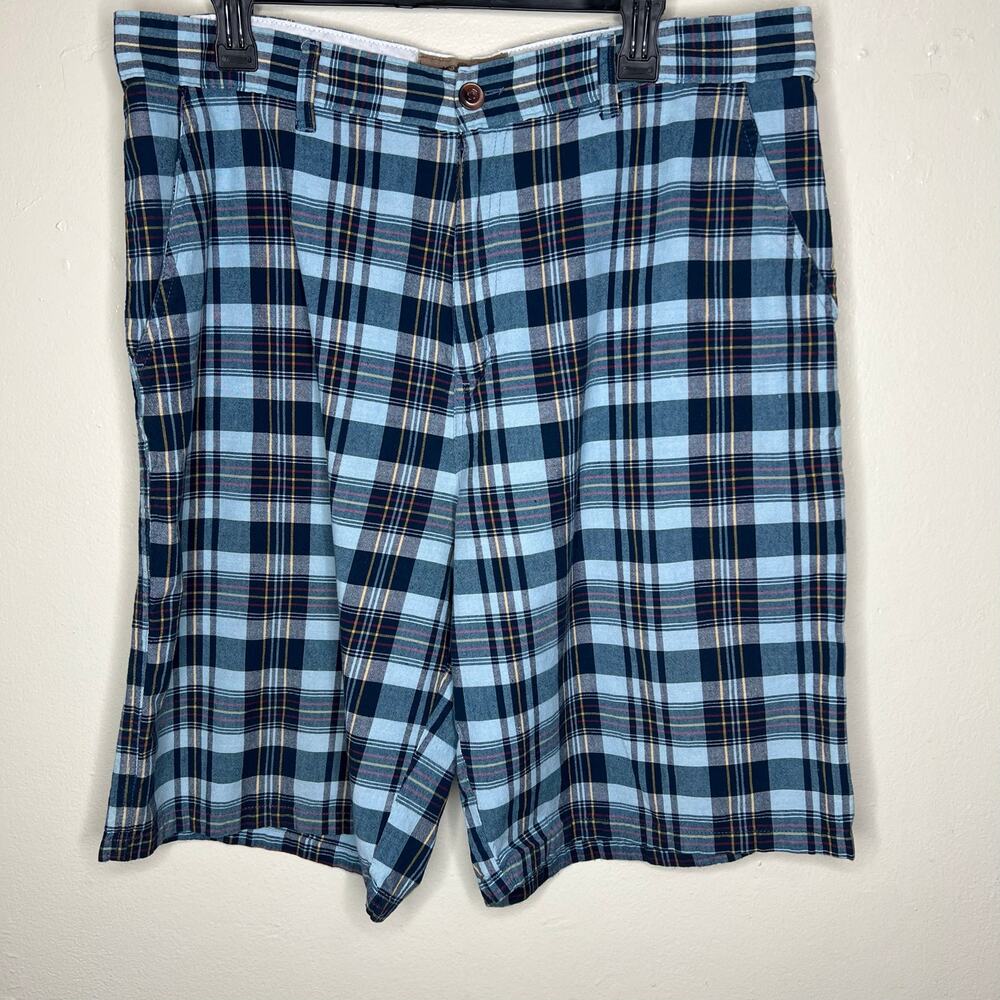 WORKS Ron Chereskin Chino Shorts 38 Blue Plaid Check 100% Cotton Golf Casual